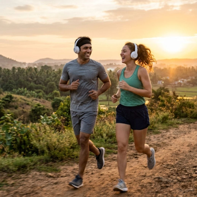 Two people running outdoors with headphones on during sunset.